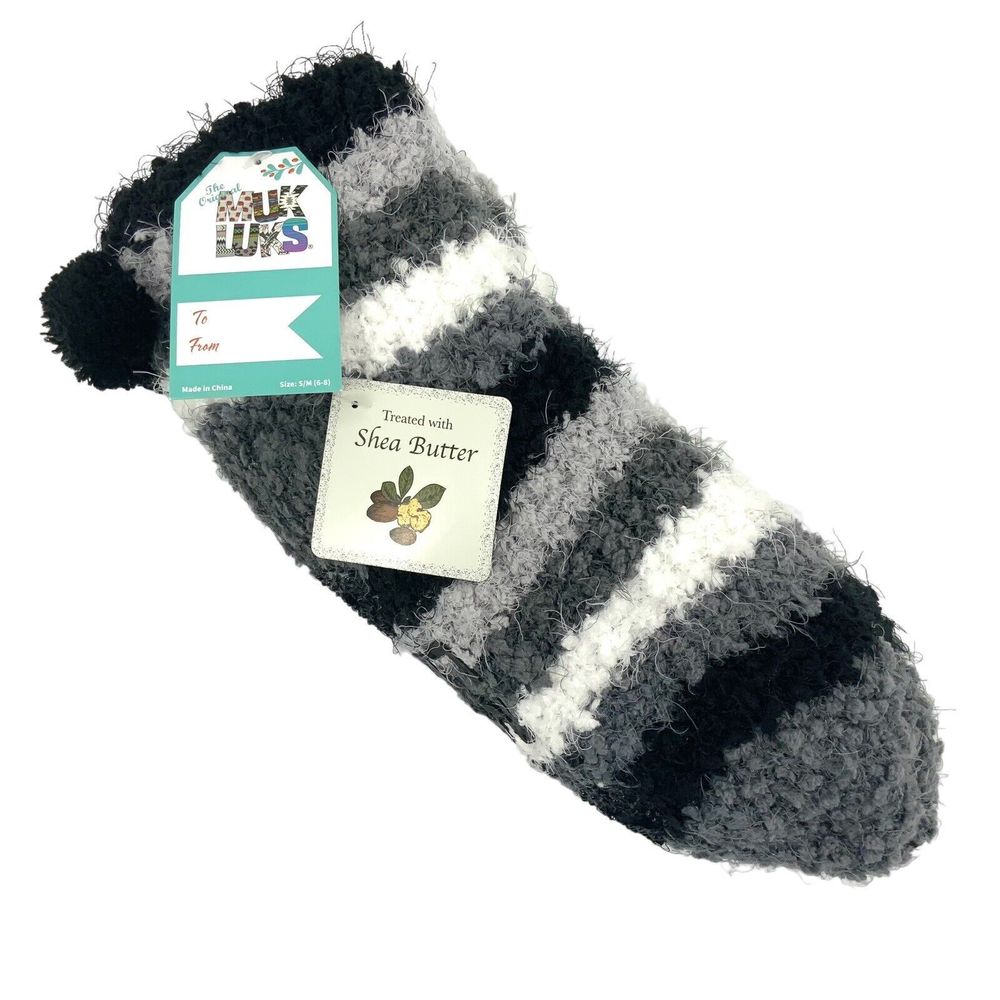 Muk Luks Womens Cabin Socks Shea Butter Non-Skid Bottom Black Gray Size S/M New